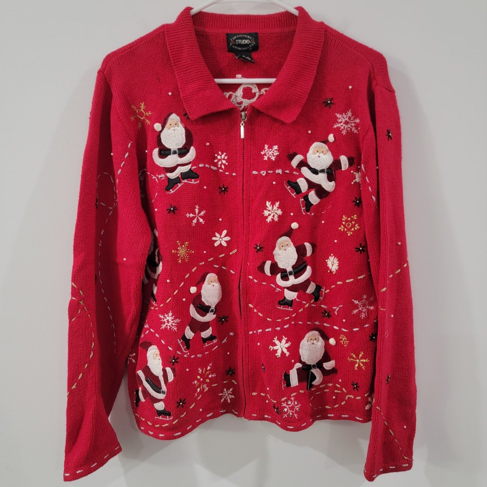 Vintage Womens Sweater Zip Up Size Medium Santa Embroidered Beaded